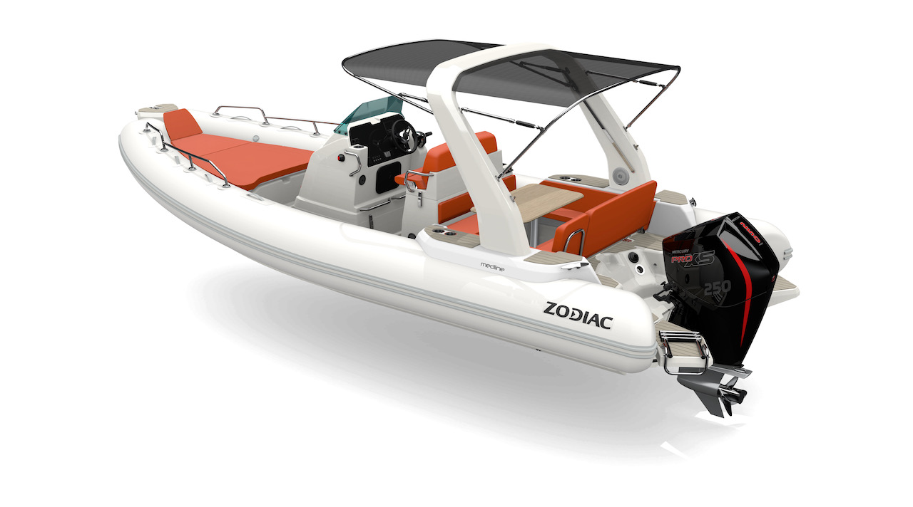 Zodiac Medline 7.5 RIB Lounge colour example with GRP roll bar and slide up bimini
